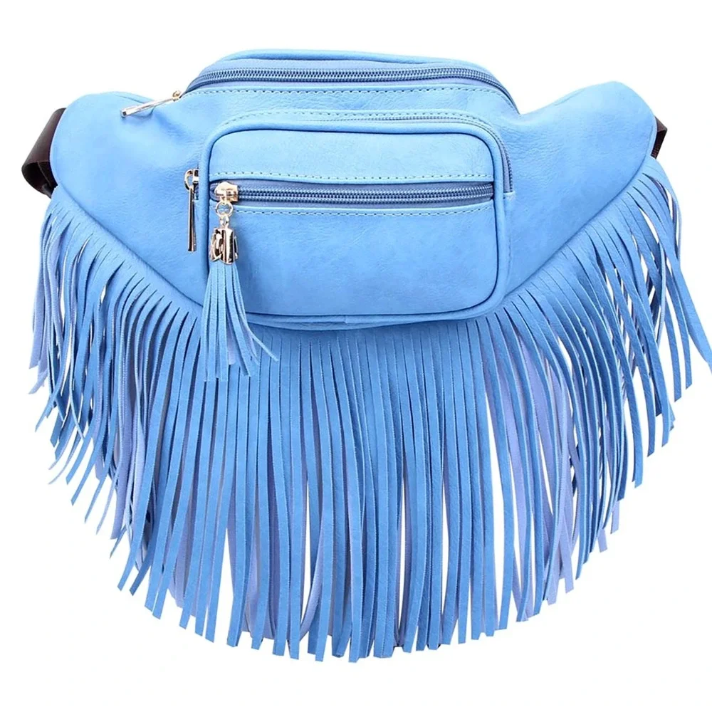 Fringe Tassel Fanny Pack Waist Bag Denim Blue Faux Leather Festival Boho Western - Picture 8 of 8